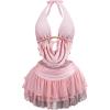 image:imageMakeMeChic Womens 3 Piece Swimsuit Draped Beaded Tie Open Back Halter Bikini Set with Mesh Beach SkirtPink