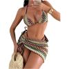 image:imageMakeMeChic Womens 3 Piece Swimsuits Striped Halter Triangle Thong Bikini Sets with Cover Up SkirtJacquard