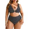 image:imageMakeMeChic Womens Plus Size High Waisted Bikini Set Striped V Neck Ring Tummy Control Bathing Suit SwimsuitBlack and White