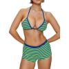 image:imageMakeMeChic Womens Striped Bikini Set Halter Triangle Tie Backless String Swimsuit with BoyshortsGreen