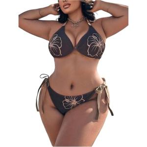 image:imageMAKEMECHIC Womens Summer Plus Size 2 Piece Bikini Set Beach Floral Print Halter Cheeky Bathing SuitsBrown