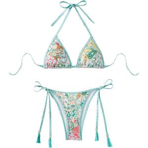 image:imageMakeMeChic Womens 2 Piece Bikini Set Paisley Halter Tie Back String Thong Bathing SuitMint Green