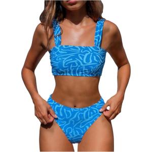 image:imageMakeMeChic Womens 2 Piece Bikini Set Square Neck High Waisted Swimsuits Bathing SuitBlue