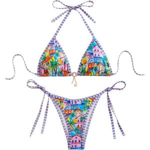image:imageMakeMeChic Womens 2 Piece Bikini Sets Graphic Print Tie Back Halter Swimsuit Bathing SuitMulticolor