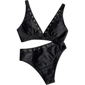 image:imageMakeMeChic Womens 2 Piece Bikini Sets Grommet Eyelet V Neck Sleeveless Backless SwimsuitBlack