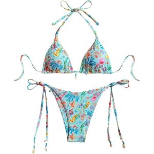 image:imageMakeMeChic Womens 2 Piece Bikini Sets Halter Triangle High Cut Thong Graphic Print Beach SwimsuitBlue