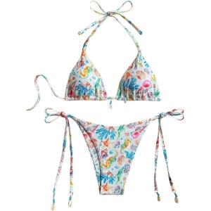 image:imageMakeMeChic Womens 2 Piece Bikini Sets Halter Triangle High Cut Thong Graphic Print Beach SwimsuitMulticolor