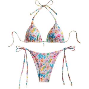 image:imageMakeMeChic Womens 2 Piece Bikini Sets Halter Triangle High Cut Thong Graphic Print Beach SwimsuitPink