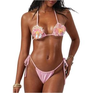 image:imageMakeMeChic Womens 2 Piece Micro Bikini Sets Sequin 3D Floral Halter Cheeky Summer Beach SwimsuitPink