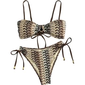 image:imageMakeMeChic Womens 2 Piece Summer Bikini Sets Chevron Print Tie Backless Cheeky Beach Bathing SuitsMulticolor