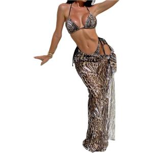 image:imageMakeMeChic Womens 3 Piece Bikini Set Cheetah Print Halter High Cut Swimsuit with Cover Up SkirtMulticolor