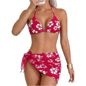 image:imageMakeMeChic Womens 3 Piece Bikini Set Floral Halter Tie Backless Swimsuit with Wrap SkirtRose Red