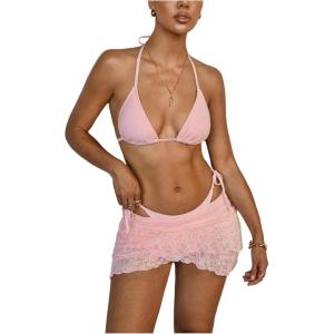 image:imageMakeMeChic Womens 3 Piece Bikini Set Lace Halter Tie Backless Thong Swimsuit with Lace Cover Up SkirtsPink