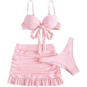 image:imageMakeMeChic Womens 3 Piece Bikini Set Push Up Knot High Cut Bathing Suit with Cover Up SkirtPink