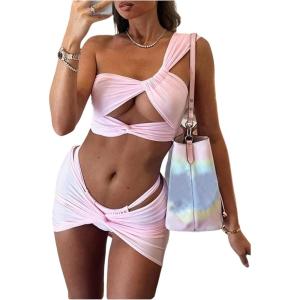image:imageMakeMeChic Womens 3 Piece Summer Bathing Suit One Shoulder Twisted Cheeky Bikini Sets with Beach SkirtPink