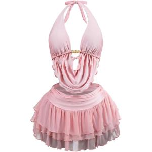 image:imageMakeMeChic Womens 3 Piece Swimsuit Draped Beaded Tie Open Back Halter Bikini Set with Mesh Beach SkirtPink