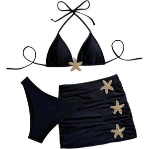 image:imageMakeMeChic Womens 3 Piece Swimsuit Starfish Halter Triangle Bikini Sets Bathing Suit with Cover Up SkirtBlack