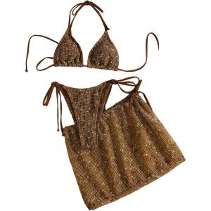 image:imageMakeMeChic Womens 3 Piece Swimsuits Halter Triangle Crochet Bikini Sets with Cover Up SkirtBrown