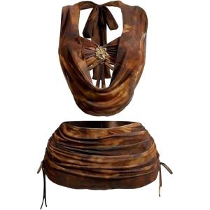 image:imageMakeMeChic Womens 4 Piece Summer Bathing Suit Metal 3D Floral Tie Dye Bikini Set with Ruched Cover UpsMulticolor