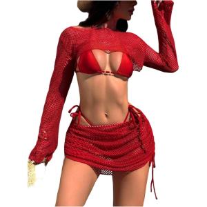 image:imageMakeMeChic Womens 4 Piece Summer Swimsuit Halter Tie Back Triangle Cheeky Bikini Sets with Crochet Cover UpsRed