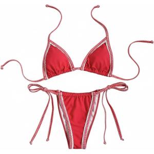 image:imageMakeMeChic Womens Beach 2 Piece Summer Gingham Bikini Sets Lace Trim Triangle Halter SwimsuitRed