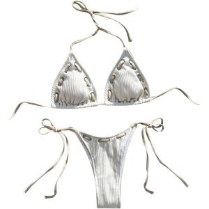 image:imageMakeMeChic Womens Bikini Set Halter Tie Back Triangle String Thong Bathing Suit SwimsuitsApricot