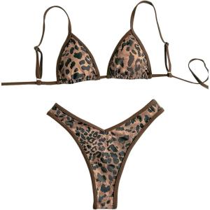 image:imageMakeMeChic Womens Bikini Sets Cheetah Print Contrast Binding Tie Backless SwimsuitBlack and Brown
