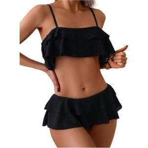 image:imageMakeMeChic Womens Bikini Sets Textured Ruffle Tiered Spaghetti Strap Summer Swimsuit Bathing SuitBlack