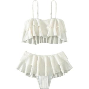 image:imageMakeMeChic Womens Bikini Sets Textured Ruffle Tiered Spaghetti Strap Summer Swimsuit Bathing SuitWhite