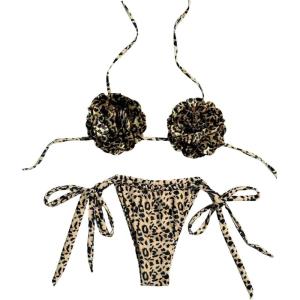 image:imageMakeMeChic Womens Cheetah Print Bikini Sets 3D Flower Halter Tie Side Backless Beachwear SwimsuitsMulticolor
