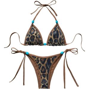 image:imageMakeMeChic Womens Cheetah Print Sequin Bikini Sets Sparkly Halter Triangle 2 Piece SwimsuitsBrown