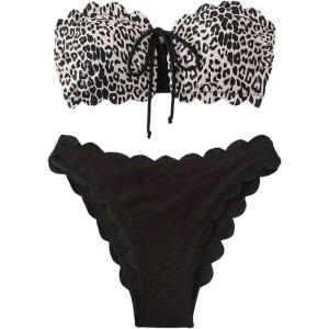 image:imageMakeMeChic Womens Cheetah Print Strapless Bikini Set Bandeau Lace Up Scallop Bathing SuitBrown and Black