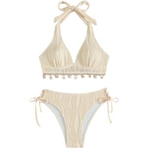 image:imageMakeMeChic Womens Fringe Bathing Suit 2 Piece High Waisted Bikini Sets Halter Summer Swim SuitApricot