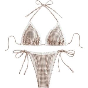 image:imageMakeMeChic Womens Plaid Bikini Set Halter Tie Back String Swimsuit 2 Piece Bathing SuitBrown