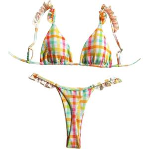 image:imageMakeMeChic Womens Plaid Bikini Set Triangle Ruffle Tie Back Bathing Suit SwimsuitsMulticolor