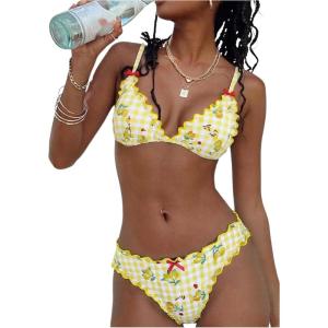 image:imageMakeMeChic Womens Plaid Gingham Bikini Set Halter Triangle Frill Trim Bathing SuitYellow