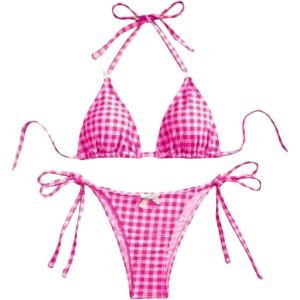 image:imageMakeMeChic Womens Plaid Gingham Bikini Sets Bow Halter Triangle Tie Side SwimsuitsPink