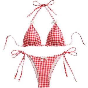 image:imageMakeMeChic Womens Plaid Gingham Bikini Sets Bow Halter Triangle Tie Side SwimsuitsRed and White