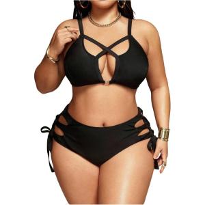 image:imageMakeMeChic Womens Plus Size 2 Piece Bikini Set Criss Cross Cut Out Tie Side High Waist SwimsuitBlack