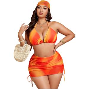 image:imageMakeMeChic Womens Plus Size 4 Piece Swimsuit Tie Dye Halter Bikini Set with Ruched Mesh Skirt and HeadbandOrange