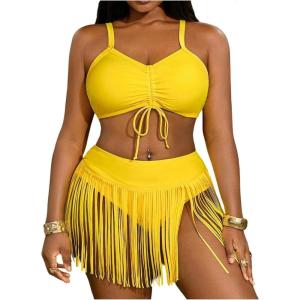 image:imageMakeMeChic Womens Plus Size Bikini Set Ruched Fringe High Waisted 2 Piece SwimsuitYellow