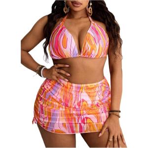 image:imageMakeMeChic Womens Plus Size Bikini Sets Graphic Print Triangle Halter Ruched SwimsuitMulticolor