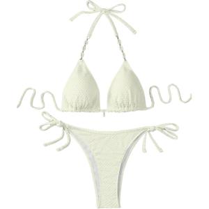 image:imageMakeMeChic Womens Plus Size Bikini Sets Tie Side Textured Triangle Shell Halter Bathing SuitWhite