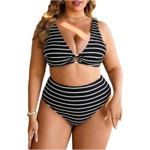 image:imageMakeMeChic Womens Plus Size High Waisted Bikini Set Striped V Neck Ring Tummy Control Bathing Suit SwimsuitBlack and White