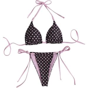 image:imageMakeMeChic Womens Polka Dots 2 Piece Bikini Set Halter Tie Backless Thong SwimsuitMulticolor