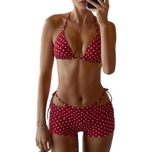 image:imageMakeMeChic Womens Polka Dots Triangle Bikini Sets Swim Shorts Y2K Leopard Bathing Suit SwimsuitPolka Dots Red