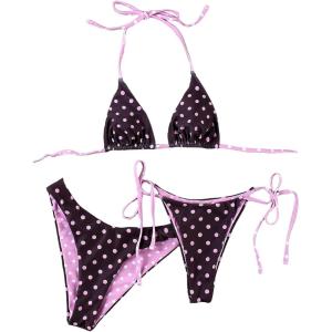 image:imageMakeMeChic Womens Polka Dots Triangle Thong Bikini Sets 3pcs High Leg Halter Swimsuit Bathing SuitMulticolor