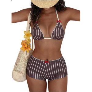 image:imageMakeMeChic Womens Striped Bikini Set Halter Triangle Tie Backless String Swimsuit with BoyshortsBrown
