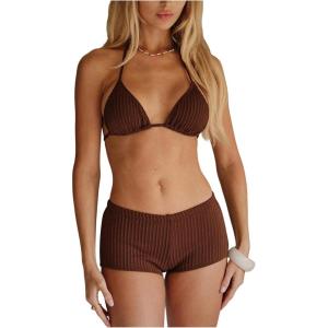 image:imageMakeMeChic Womens Striped Bikini Set Halter Triangle Tie Backless String Swimsuit with BoyshortsChocolate Brown