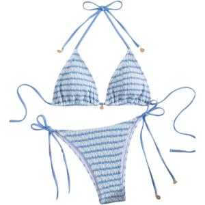 image:imageMakeMeChic Womens Striped Triangle Thong Micro Bikini Sets Halter Swimsuits Bathing SuitStriped Blue